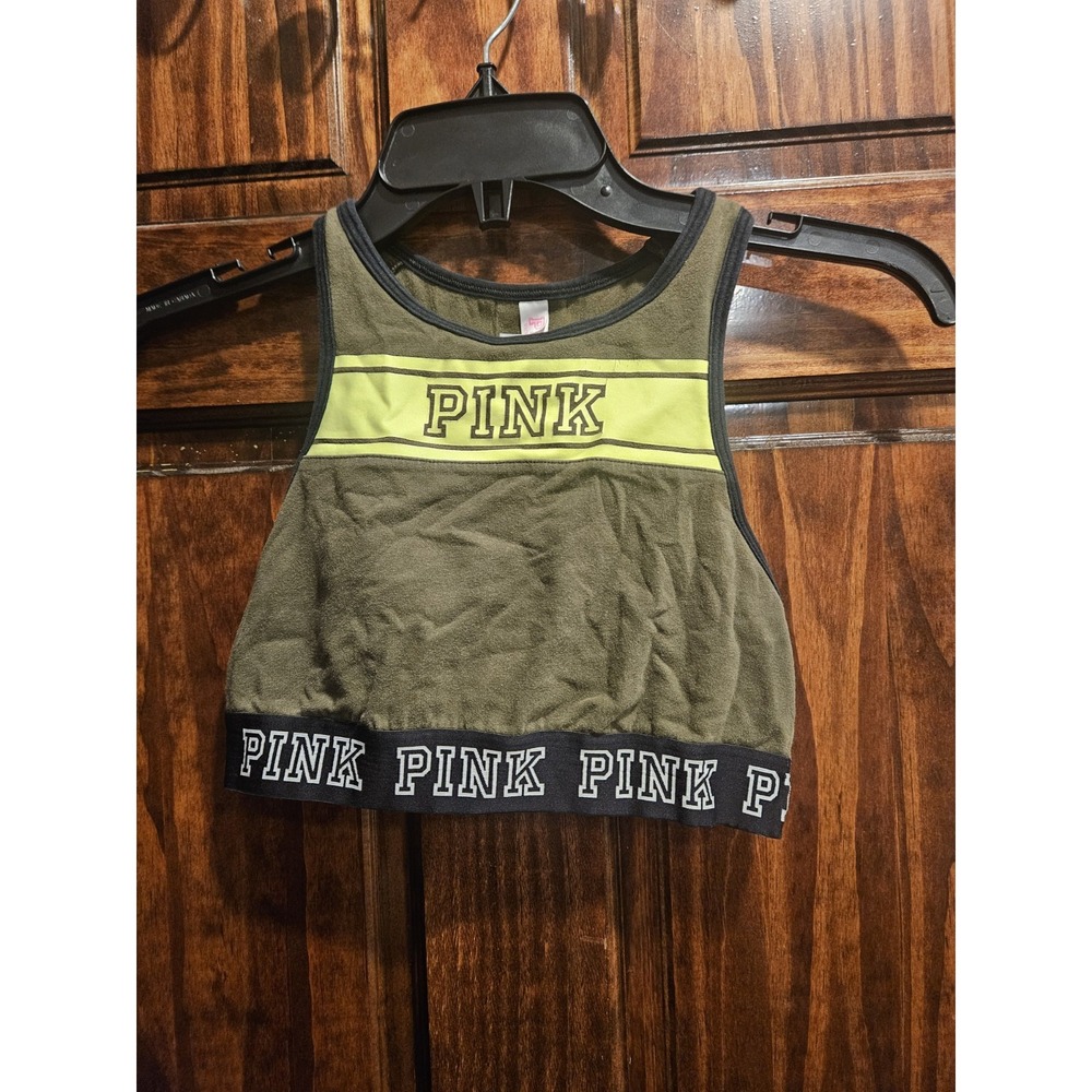Pink Victoria's Secret S AA-CC Crop Top Green Racerback Logo Bralette